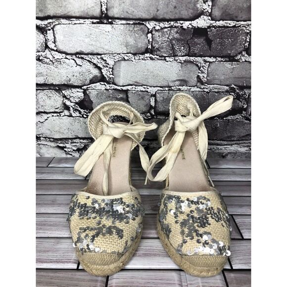 Saks Fifth Ave Ivory Fabric Sequin Ankle Lace Wedge Espadrilles Sandals Women 6M - Picture 3 of 16